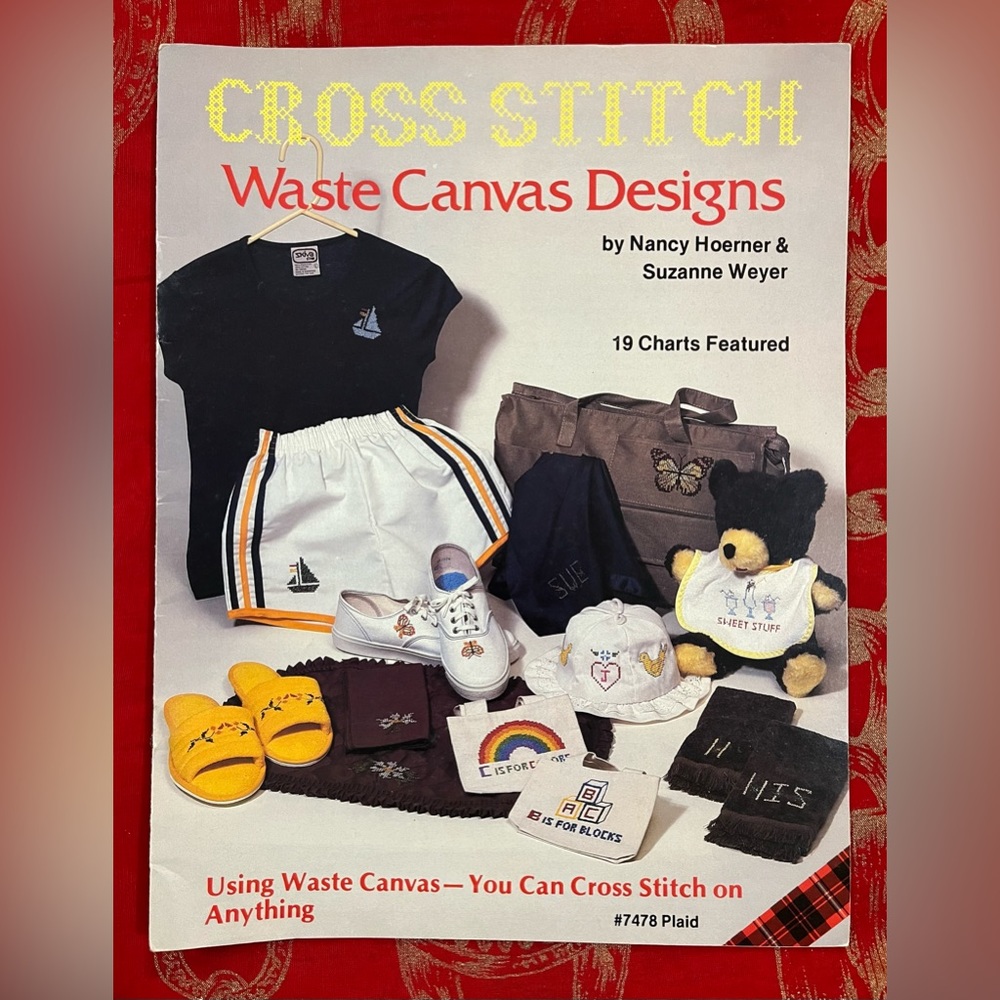 1982 Cross Stitch Waste Canvas Pattern Booklet Bib Blocks Apple Butterfly Bird